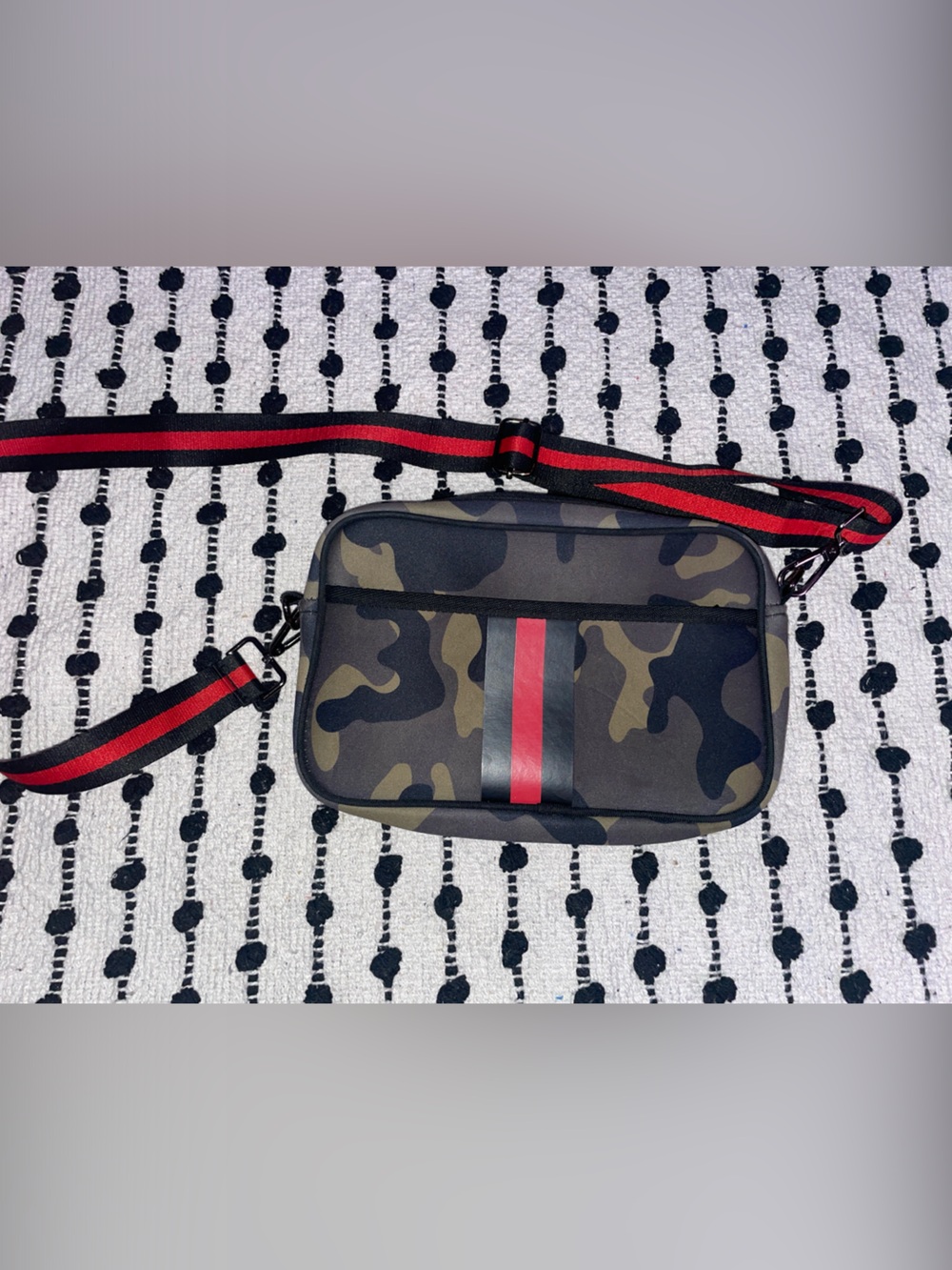 Camouflage Crossbody Bag with Red Stripe